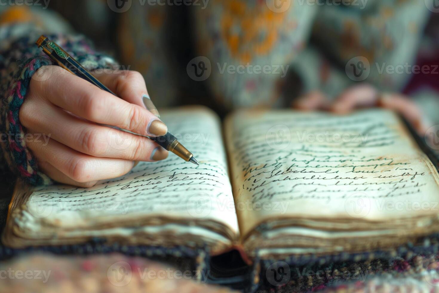 A close-up of a woman's hand writing in an old journal, showcasing beautiful penmanship and intricate patterns in the background. photo