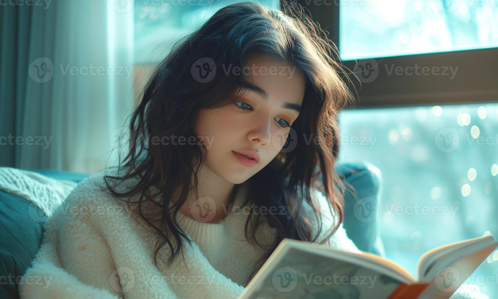 A young Asian woman with long, dark hair reading a book in a cozy, sunlit room, enveloped in soft, warm tones. photo