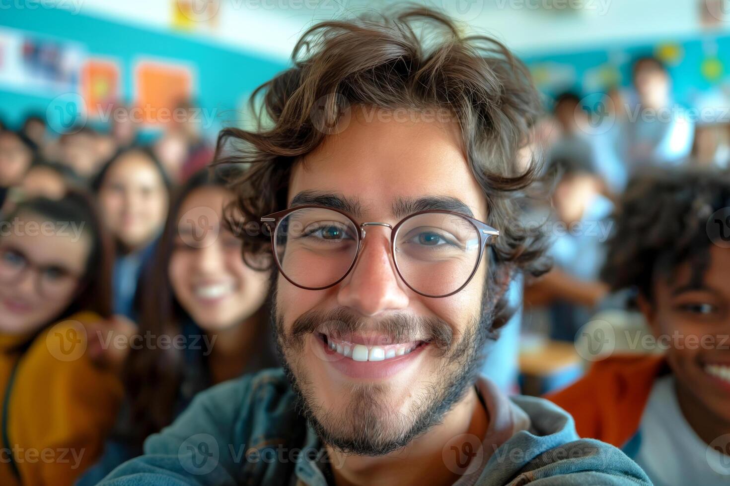 Cheerful young male student with curly hair and glasses takes a selfie with classmates in a lively classroom setting. photo