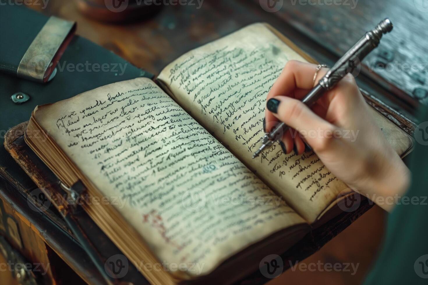 A female hand writes in an open vintage notebook with dark ink, capturing thoughts and memories in a cozy setting. photo