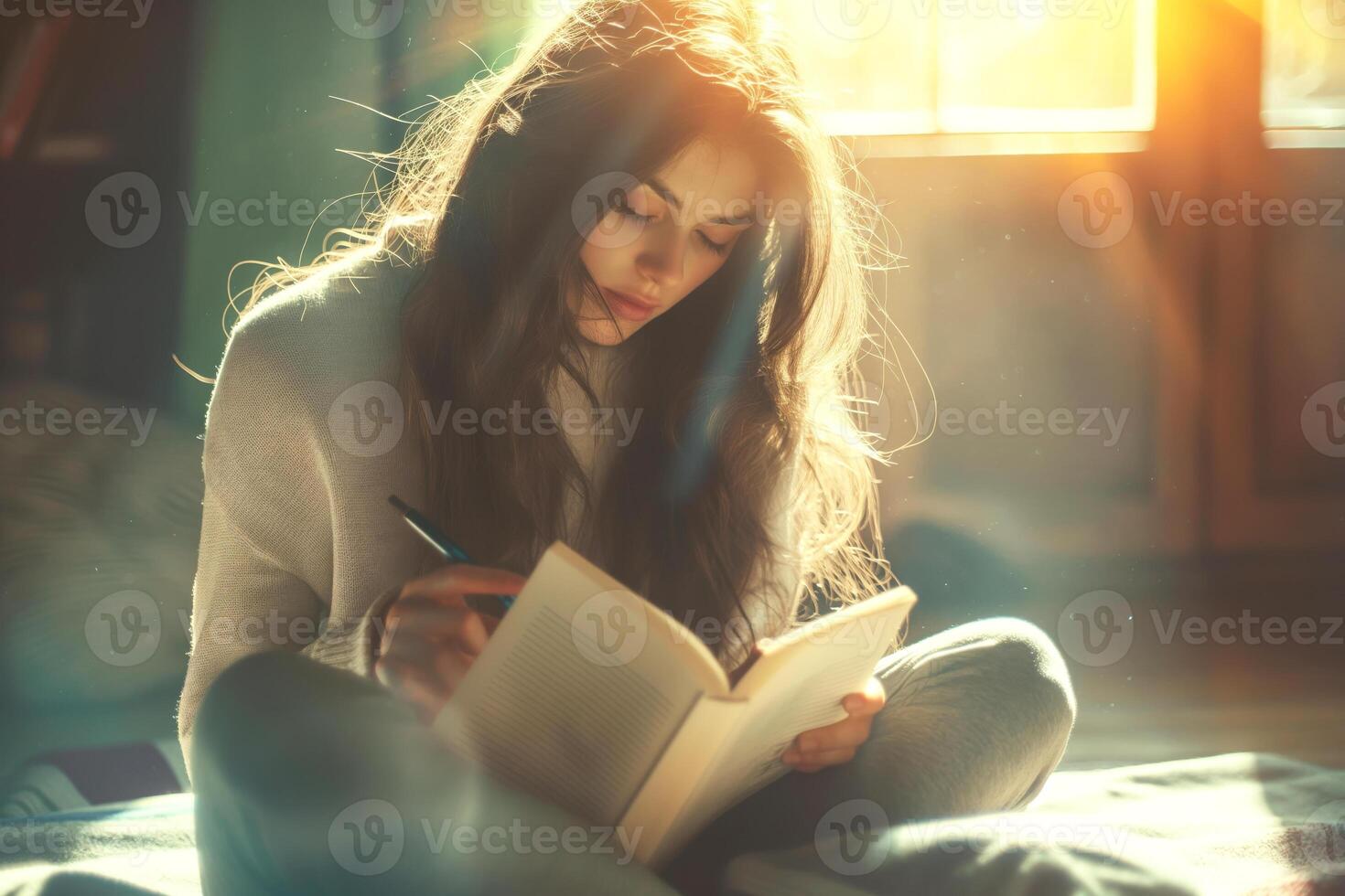 A young woman of mixed ethnicity sits on the floor, absorbed in a book, with sunlight streaming through the window, creating a serene atmosphere. photo