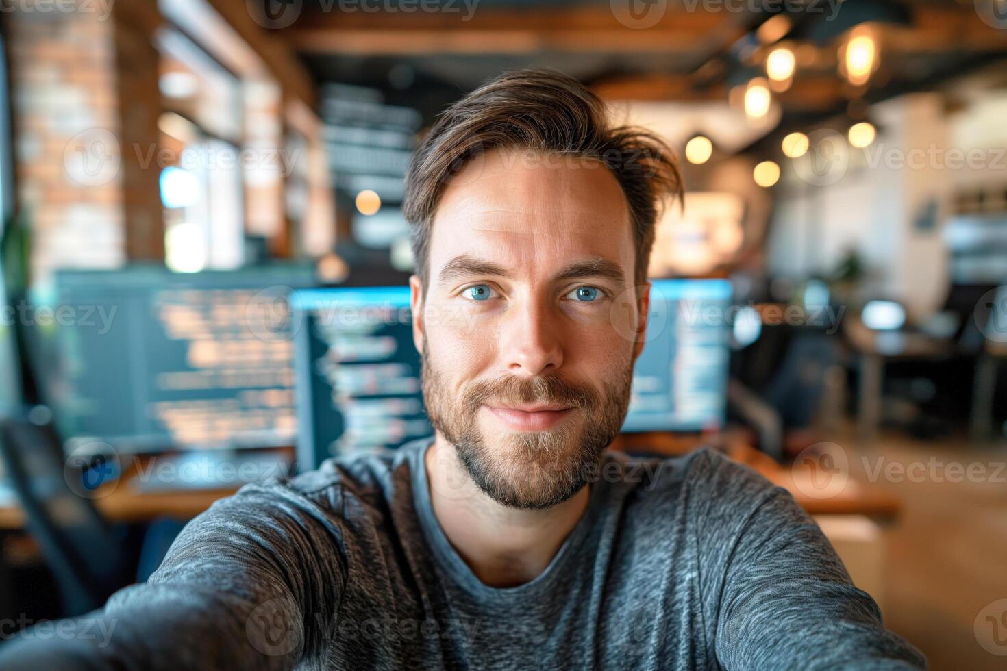 A confident young Caucasian man with a beard smiles in a modern office setting, showcasing a tech-savvy work environment. photo