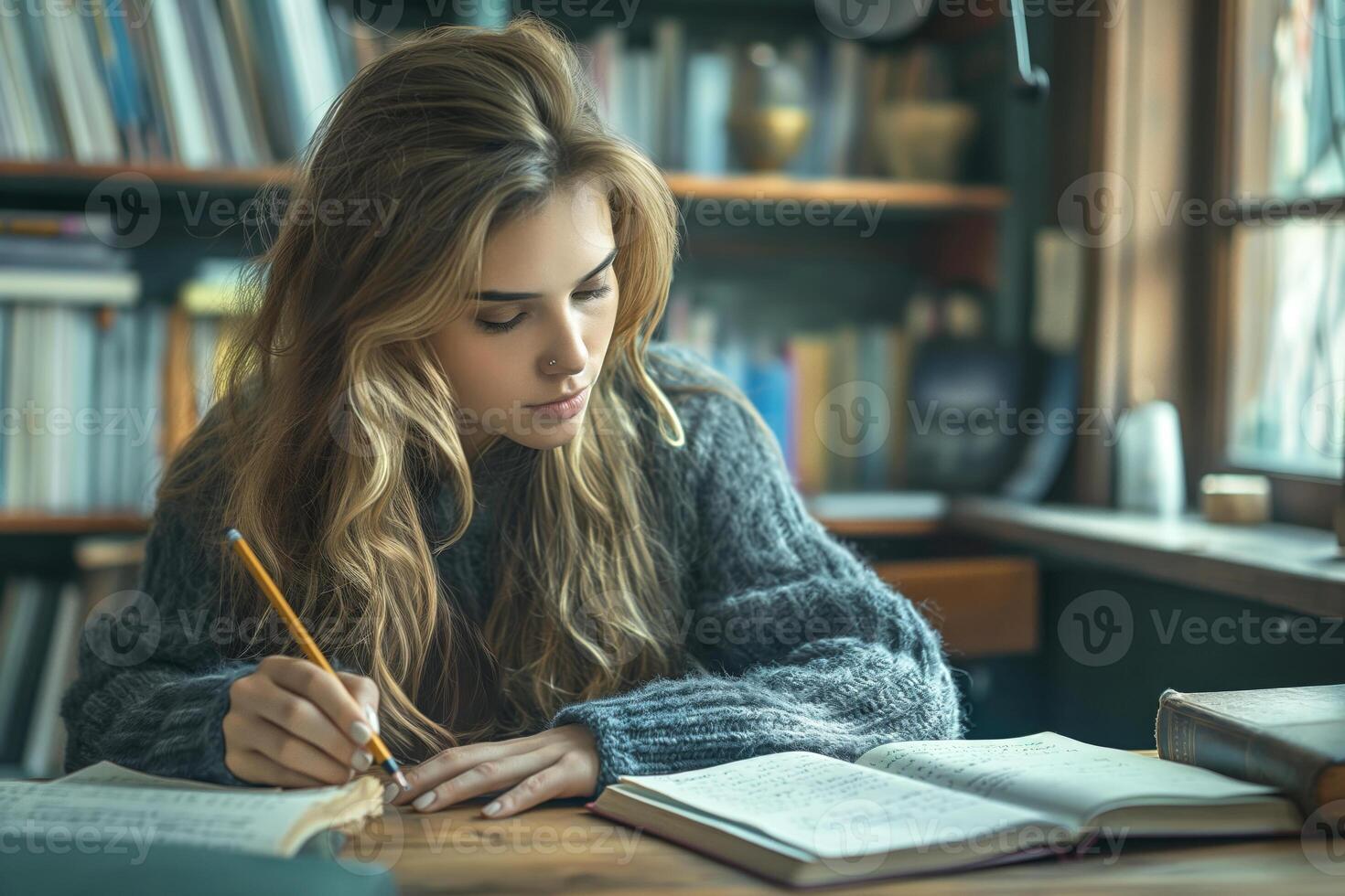 A young woman with wavy brown hair studies intently in a cozy library, surrounded by books and natural light. photo