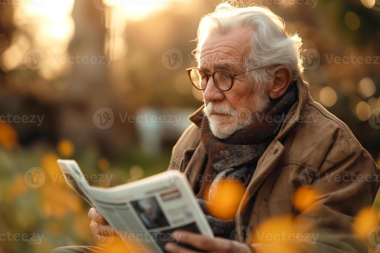 An elderly Caucasian man in glasses reads a newspaper outdoors, surrounded by autumn flowers, capturing a moment of reflection. photo