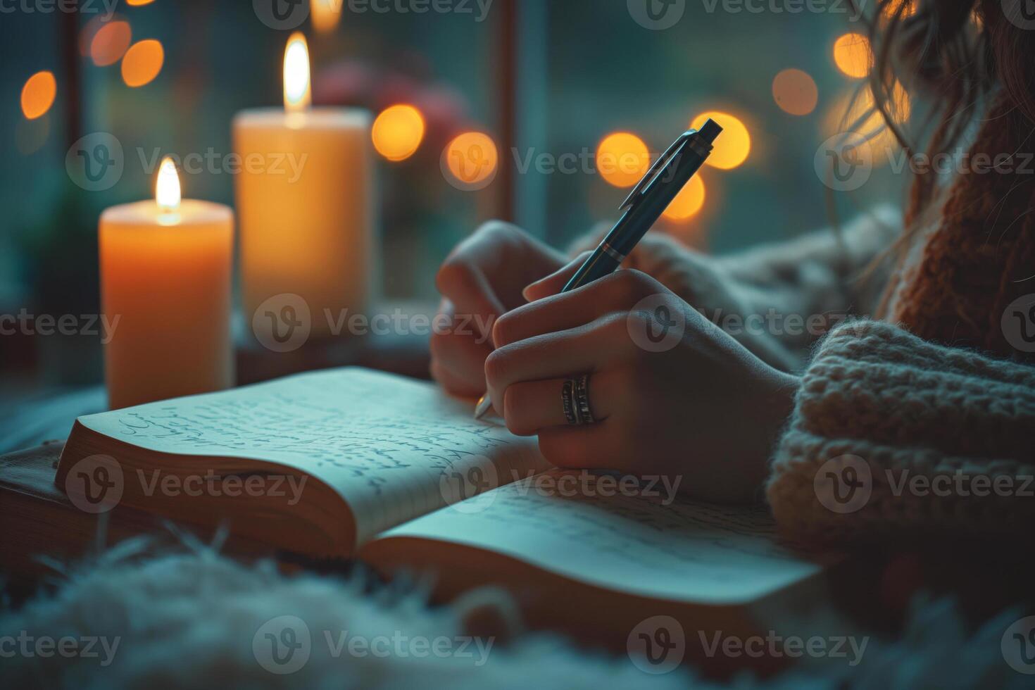 A cozy scene of a woman writing in a journal by candlelight, creating a warm and intimate atmosphere. photo