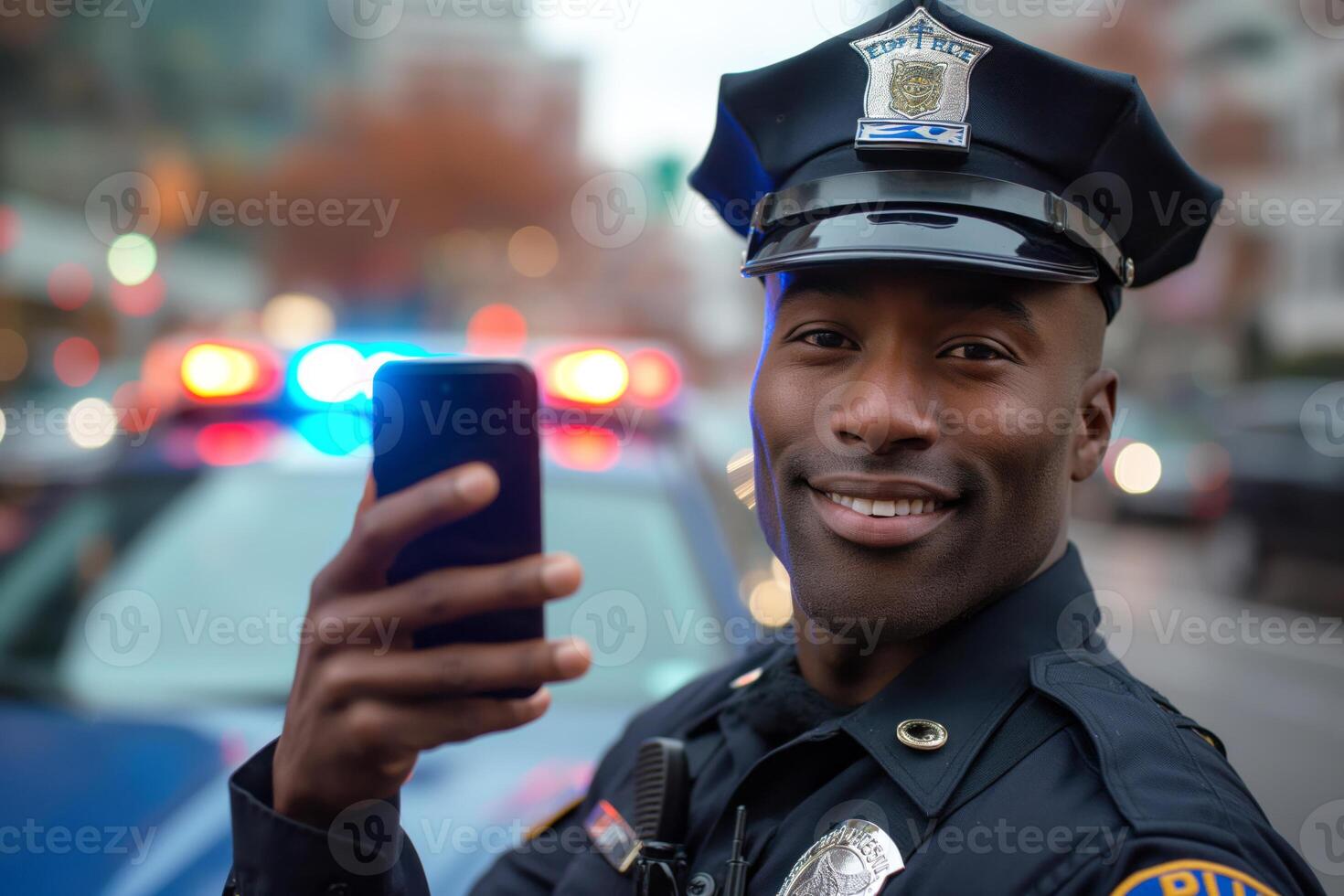 Smiling African American male police officer takes a selfie with flashing lights in the background. photo