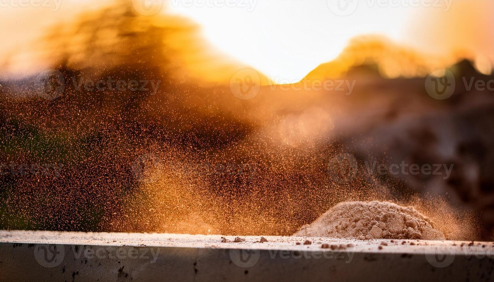 Dust Particles Dance in the Golden Sunlight at Sunset Near a Construction Site in the Countryside photo