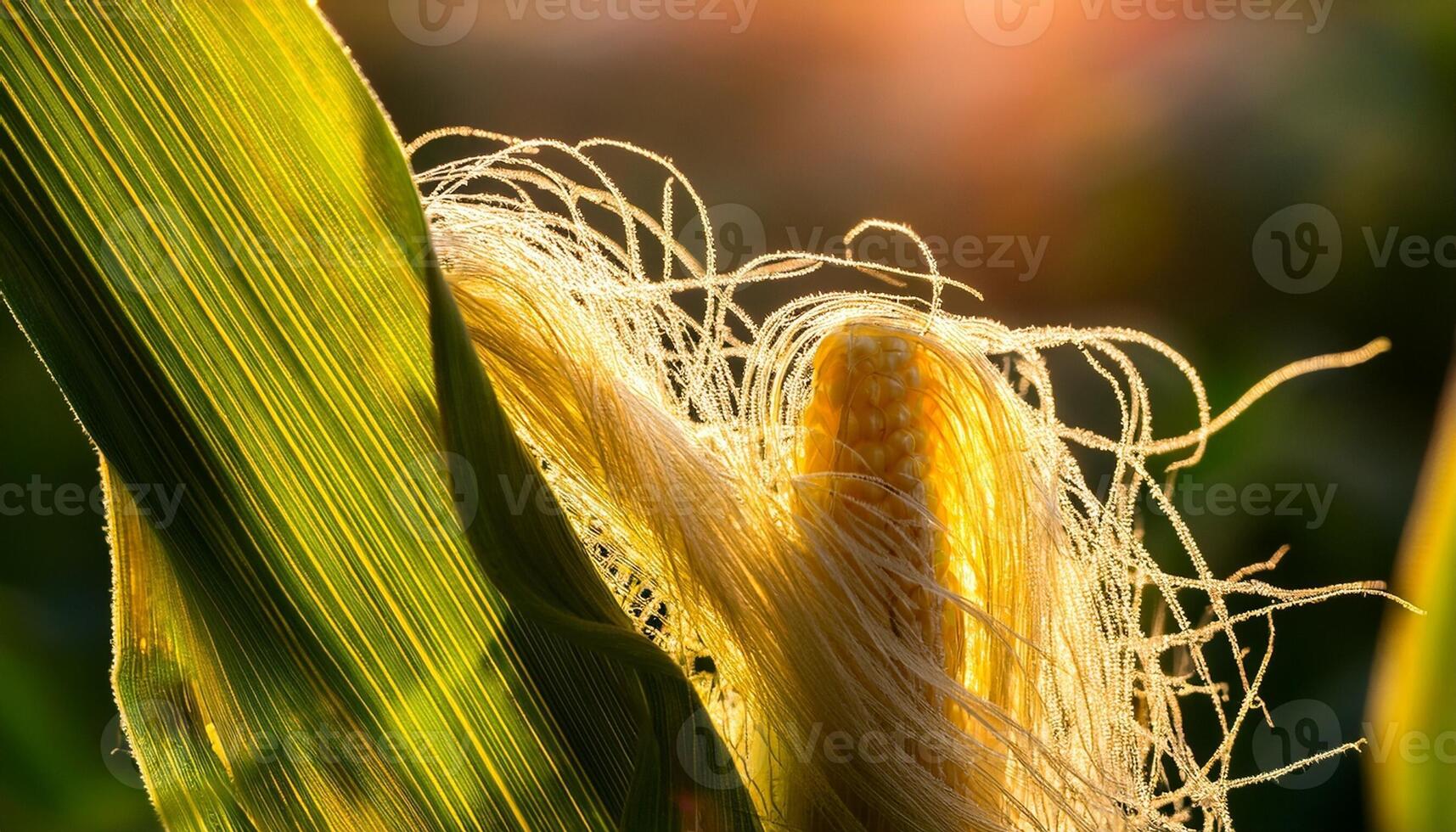Corn Plant With Silk Strands Glowing in Sunlight During Late Afternoon in a Rural Field photo