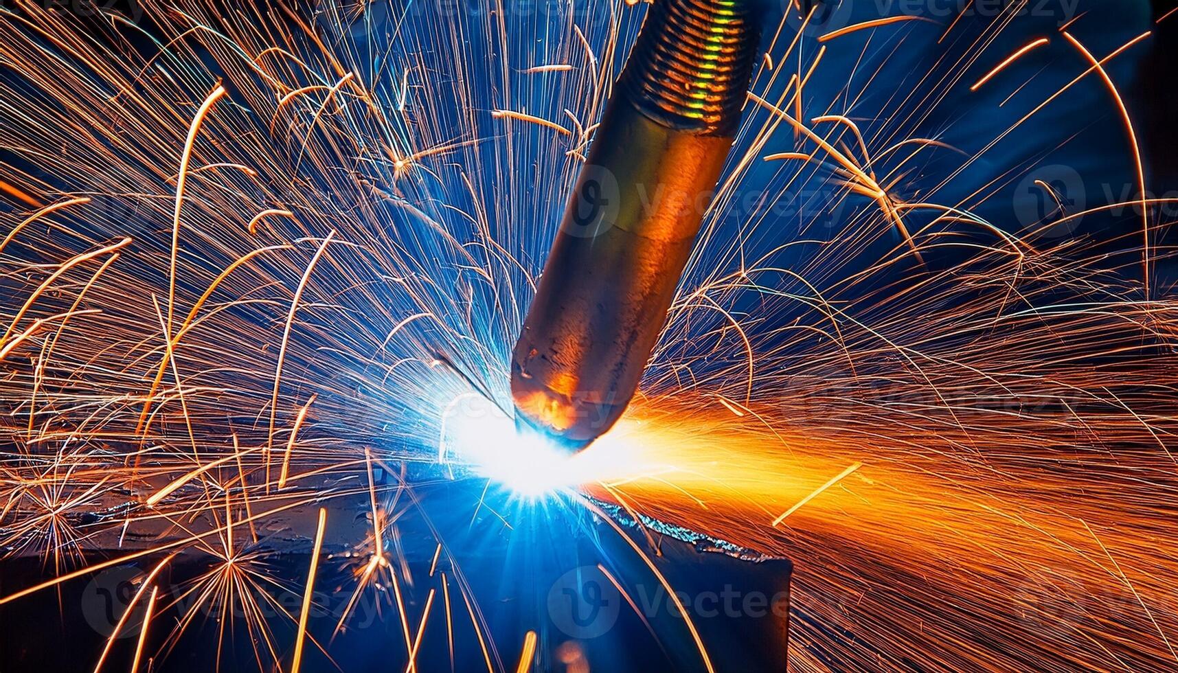 Welding Sparks Illuminate Dark Workshop as Metal Joins Together in an Intense Fabrication Process photo