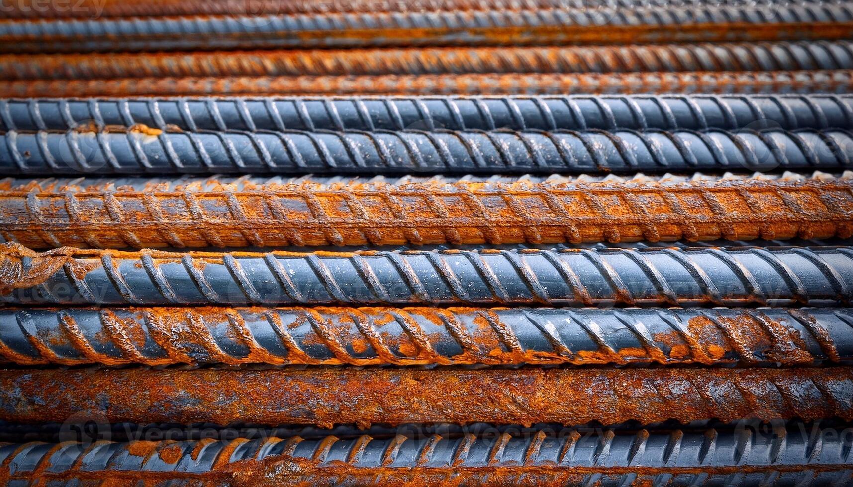 Rusted Steel Bars Stacked in Construction Yard During Daylight With Textures Emphasized photo
