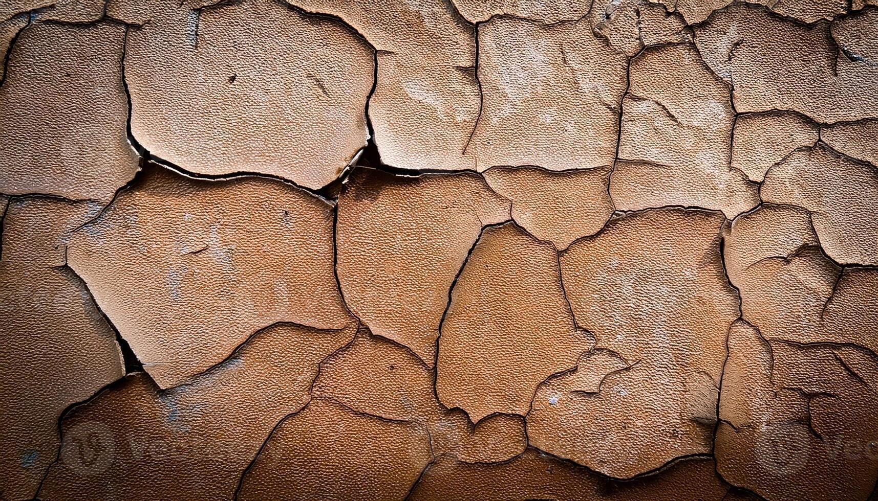 Cracked Texture of Aged Brown Wall Showing Layers of Peeling Paint and Weathered Surfaces in Natural Light photo