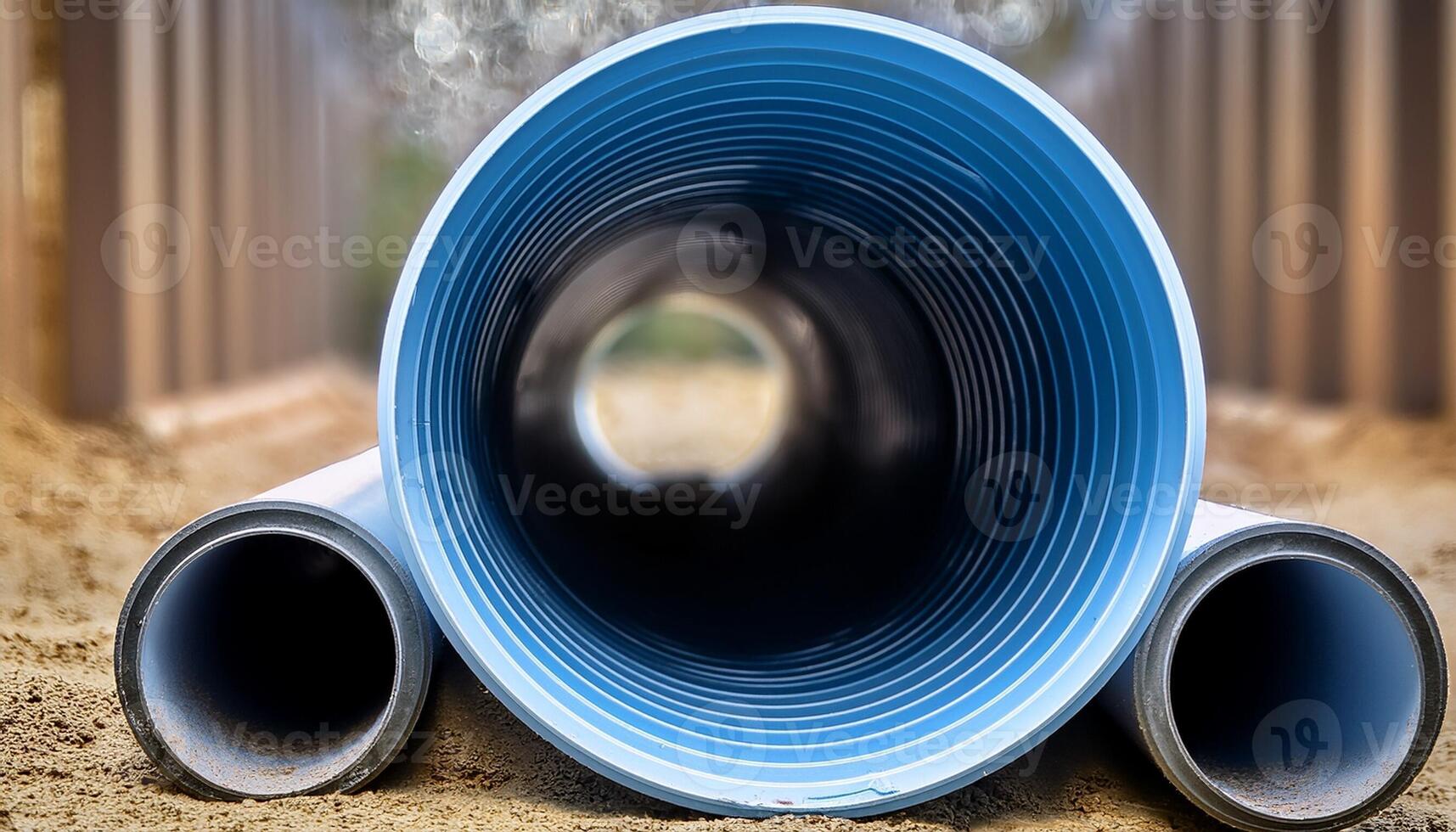 Construction Site Featuring Large Blue Drainage Pipes on a Sandy Surface With Blurred Background photo