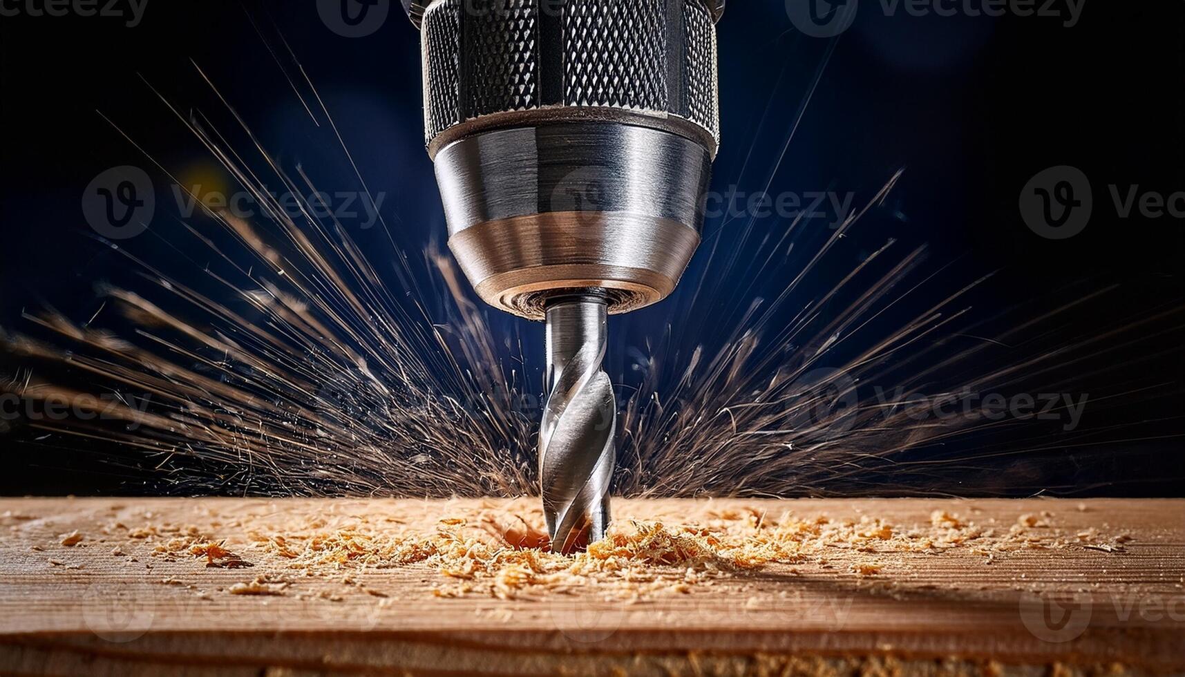 Drilling Into Wooden Surface Creates Dynamic Sparks and Wood Shavings During a Crafting Session in a Workshop photo