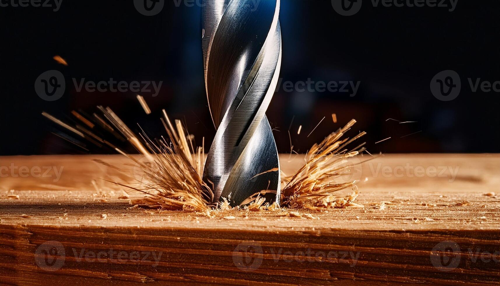 Close-up of a Drill Bit Piercing Through a Wooden Surface, Showing Shavings and Sparks in a Workshop Environment photo