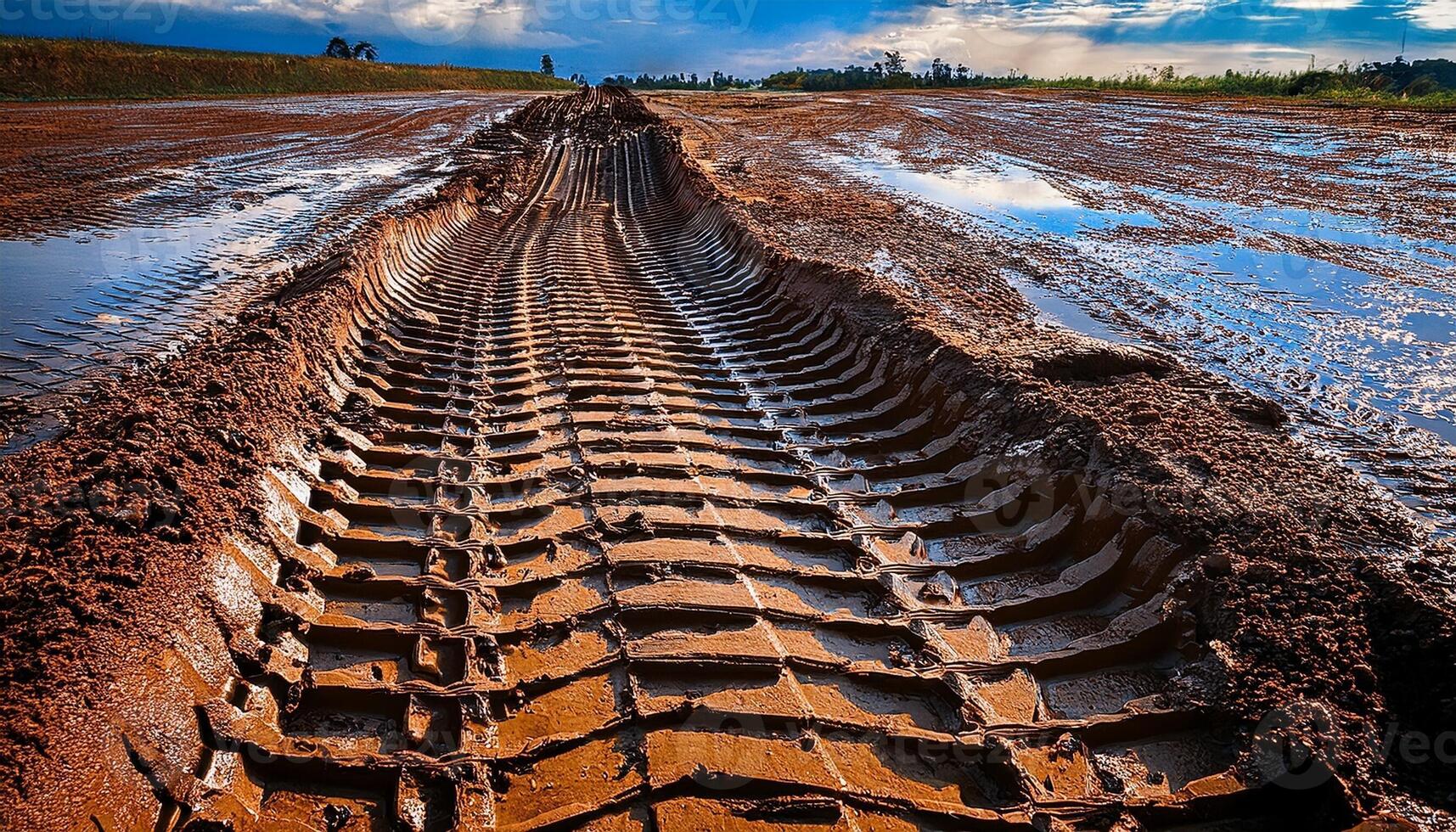 Mud Track Left by Heavy Machinery During Land Preparation in Rural Area After Rainfall in Bright Daylight photo