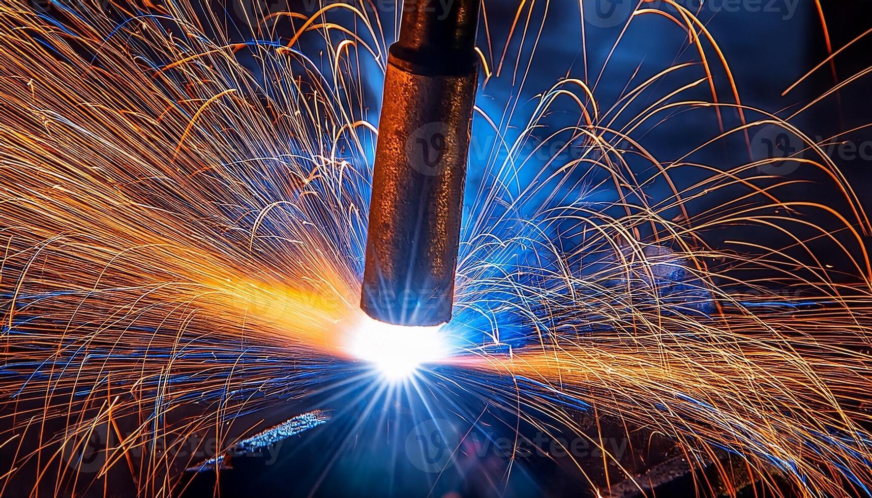 Welding Process Creating Bright Sparks During Metal Joining in an Industrial Workshop at Night photo