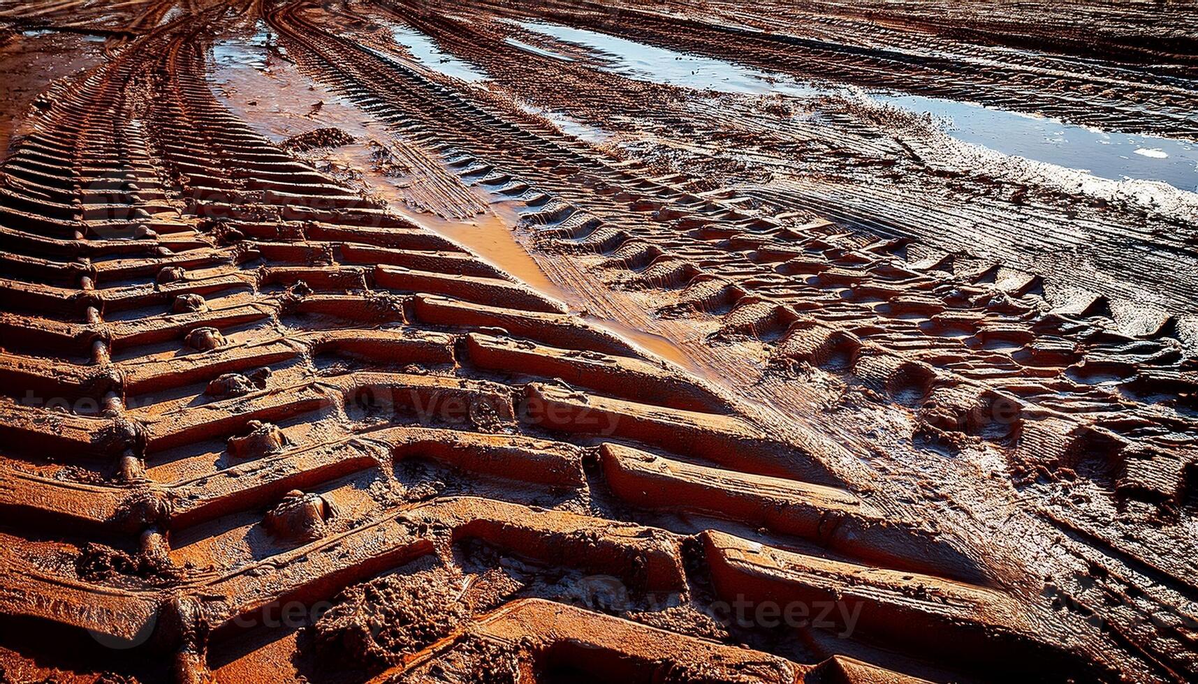 Tire Tracks on Muddy Terrain After Rainfall in Rural Field During Daytime photo
