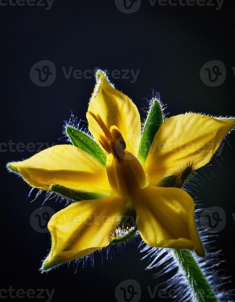 Bright Yellow Flower With Delicate Features Blooming Against a Dark Background in a Garden Setting photo