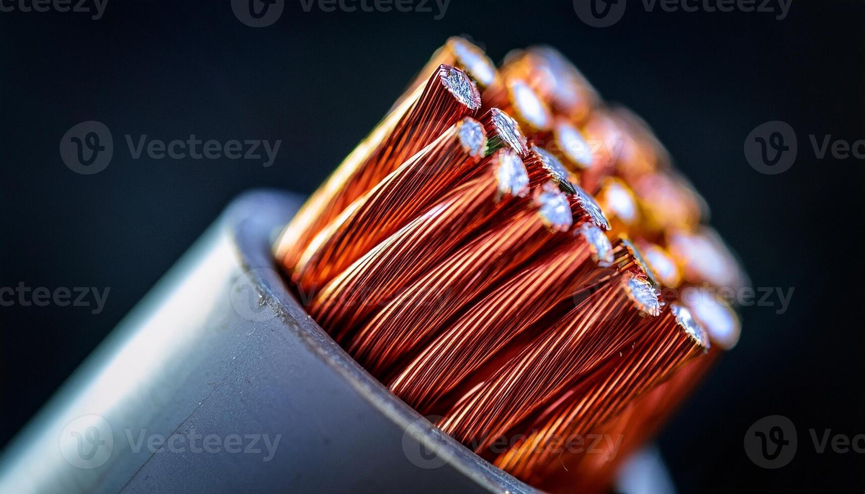 Close-up View of Copper Electrical Wire Showing Fine Strands and Insulation With a Blurred Background Emphasizing the Texture and Detail photo