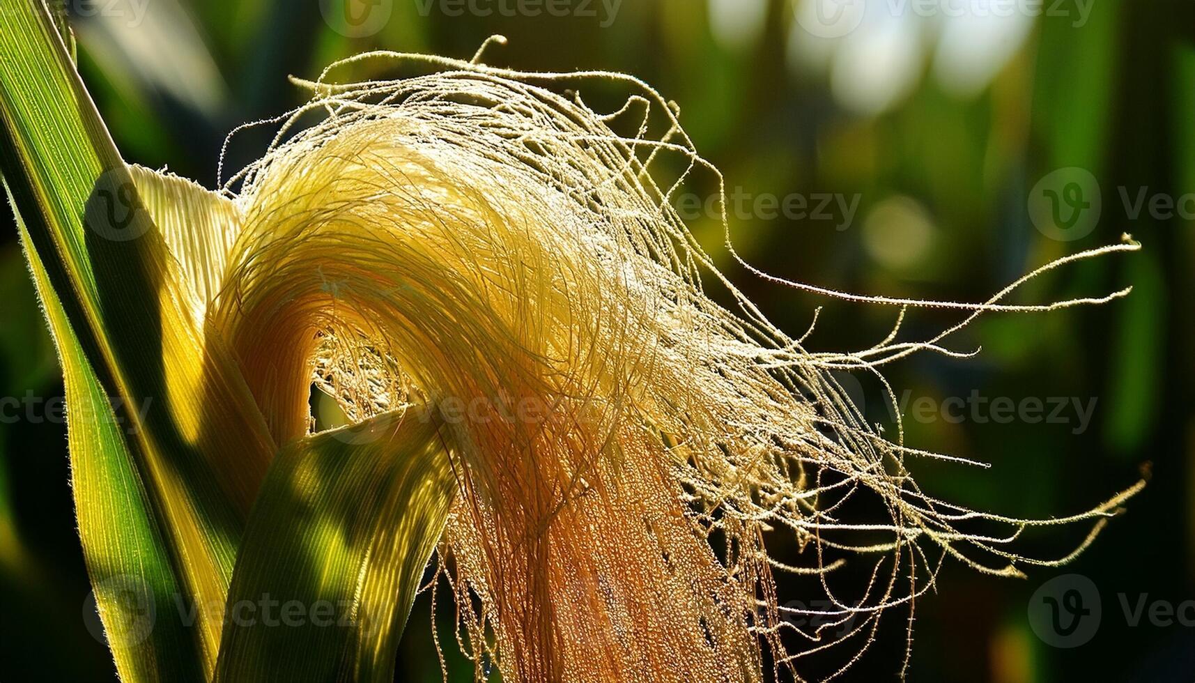 Close-up of a Corn Silk Strand Illuminated by Sunlight in a Vibrant Cornfield During Late Afternoon photo