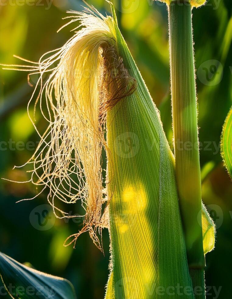 Close-up of Corn Silk Under Warm Sunlight in a Lush Field During Late Afternoon photo