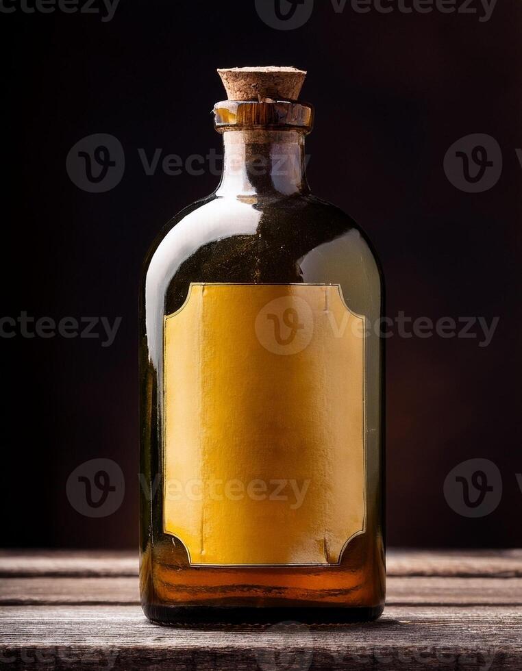 Vintage Glass Bottle With Cork Stopper Displayed on a Wooden Surface in Soft Light photo