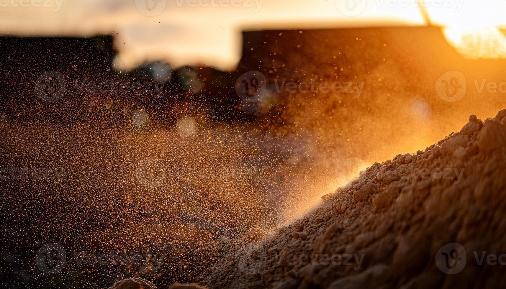 Dust Particles Dance in Sunlight Above a Sandy Mound During Golden Hour at a Construction Site photo