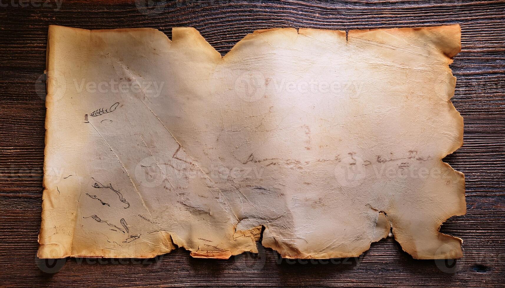 Ancient Parchment Document Showing Faded Writing and Drawings on Weathered Paper photo