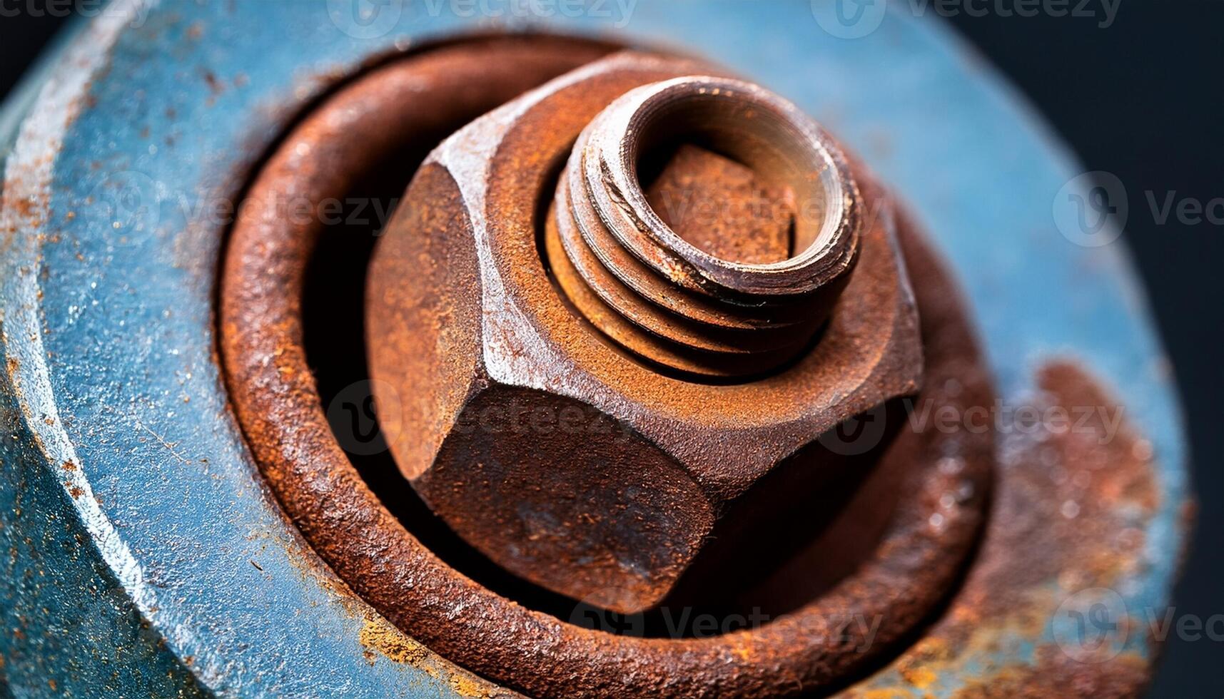 Rusty Bolt and Nut Resting on a Weathered Surface Showcasing Texture and Decay in a Close up Style photo