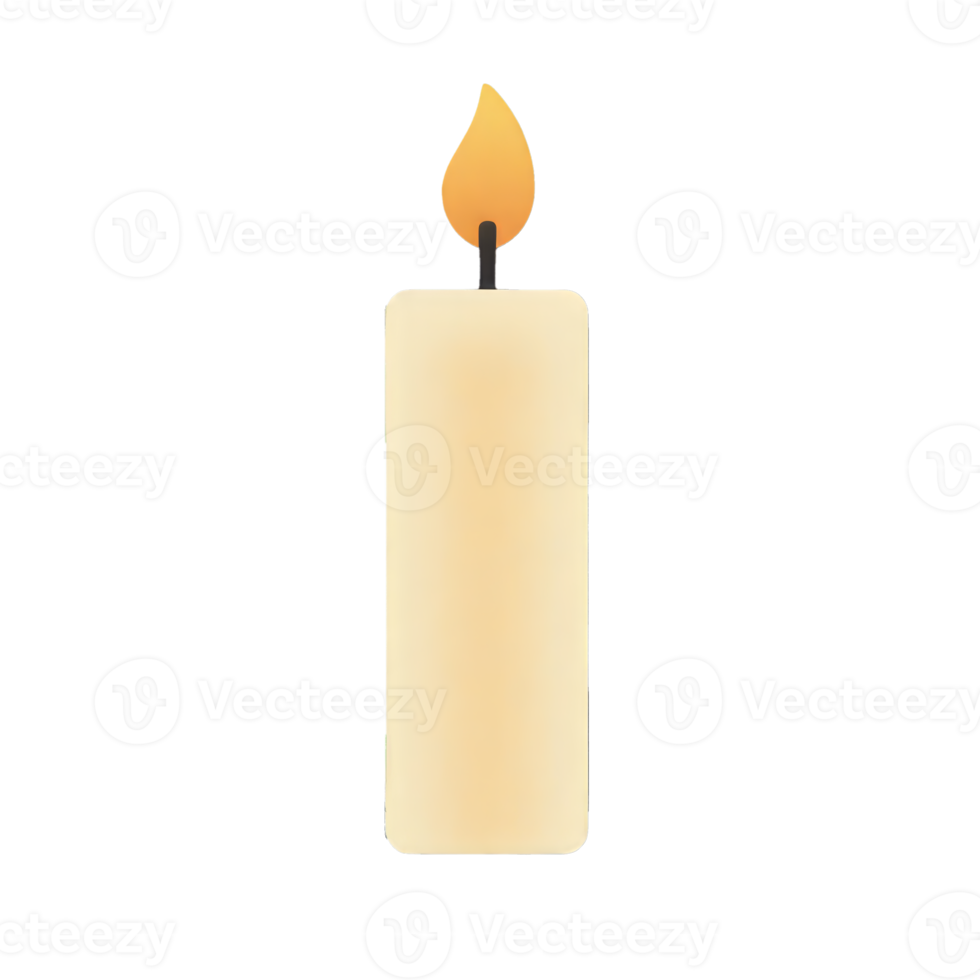 A white candle with a yellow flame on a transparent background, the candle is lit and the flame is flickering png