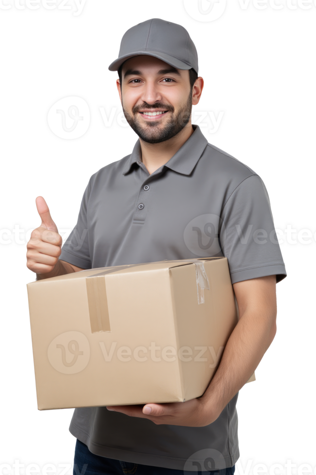 A middle eastern man, brown skin, short black hair, holding a cardboard box and doing a thumbs up in a transparent background png