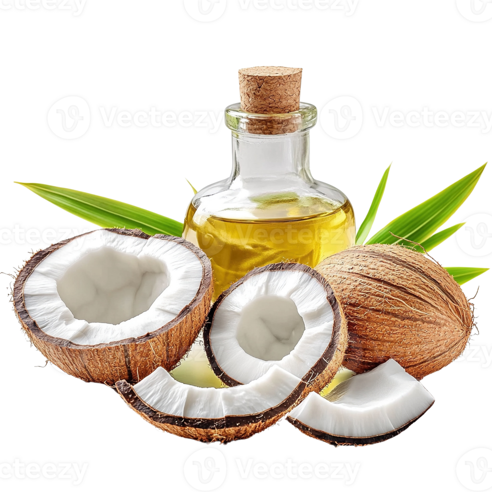 Coconut Oil with Fresh Coconut and Leaves png