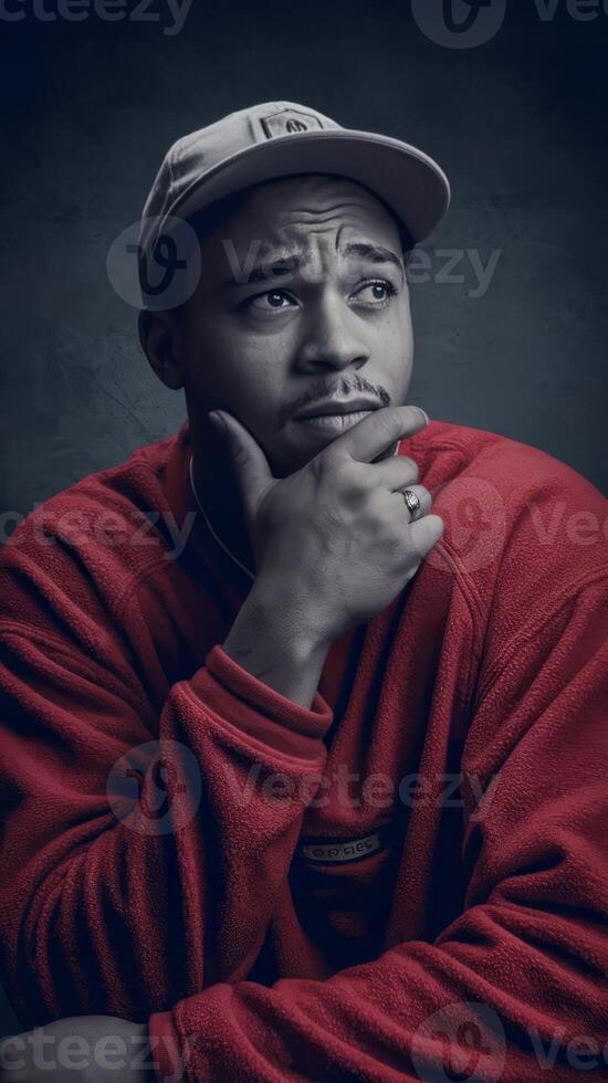 A man in a red sweater and hat is looking to the side photo