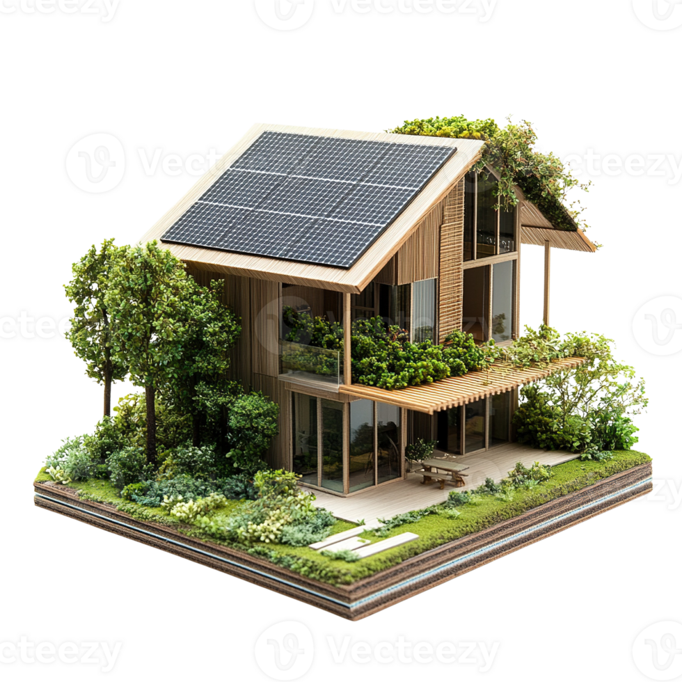 Eco-Friendly Modern House with Solar Panels and Greenery png