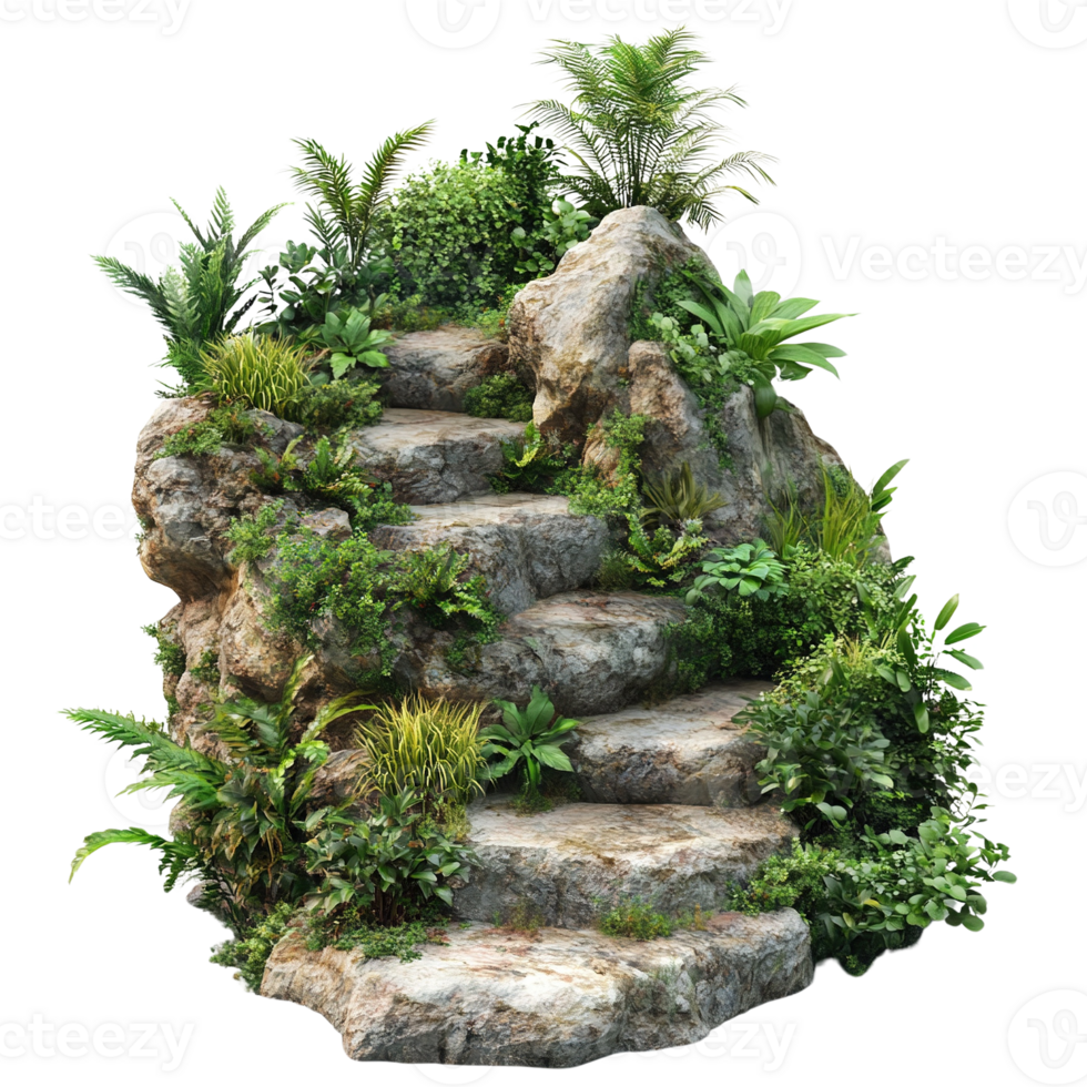 Natural Stone Staircase with Lush Greenery png