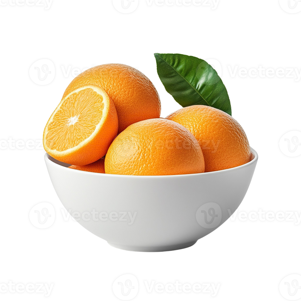 Fresh Oranges in a White Bowl with Leaf png