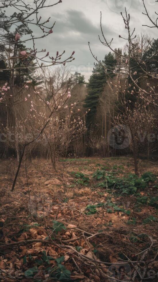 A field with trees and flowers in the background photo