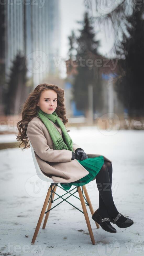 A woman sitting on a chair in the snow photo