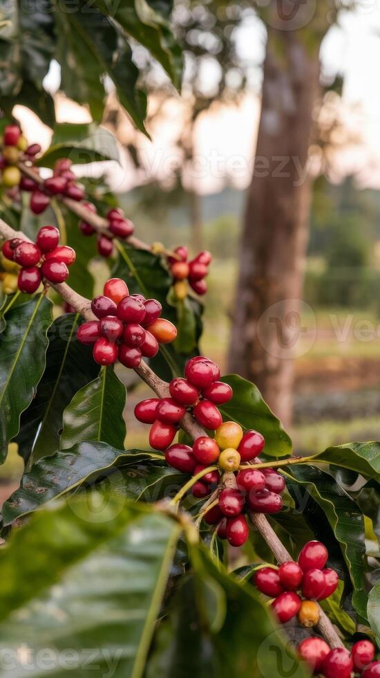 Coffee beans on a tree in a coffee farm photo