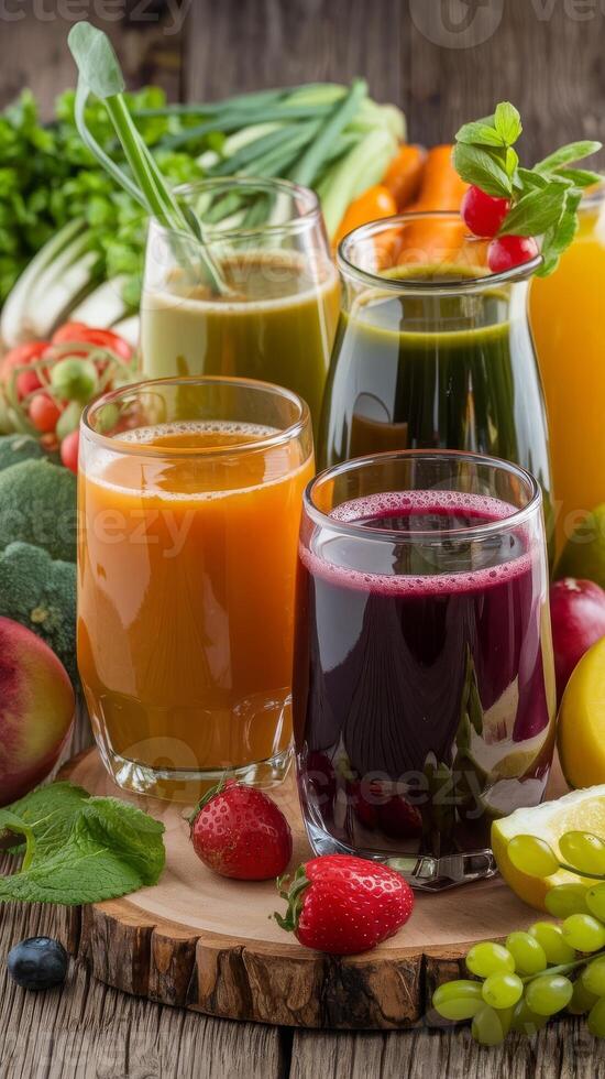 Various juices and fruits are arranged on a wooden table photo