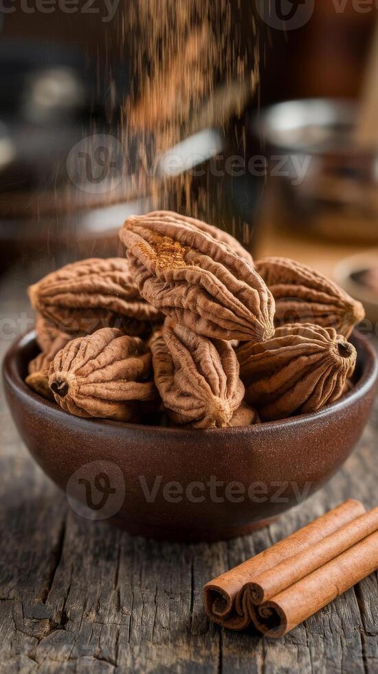 Cinnamon and pecans in a bowl on a wooden table photo