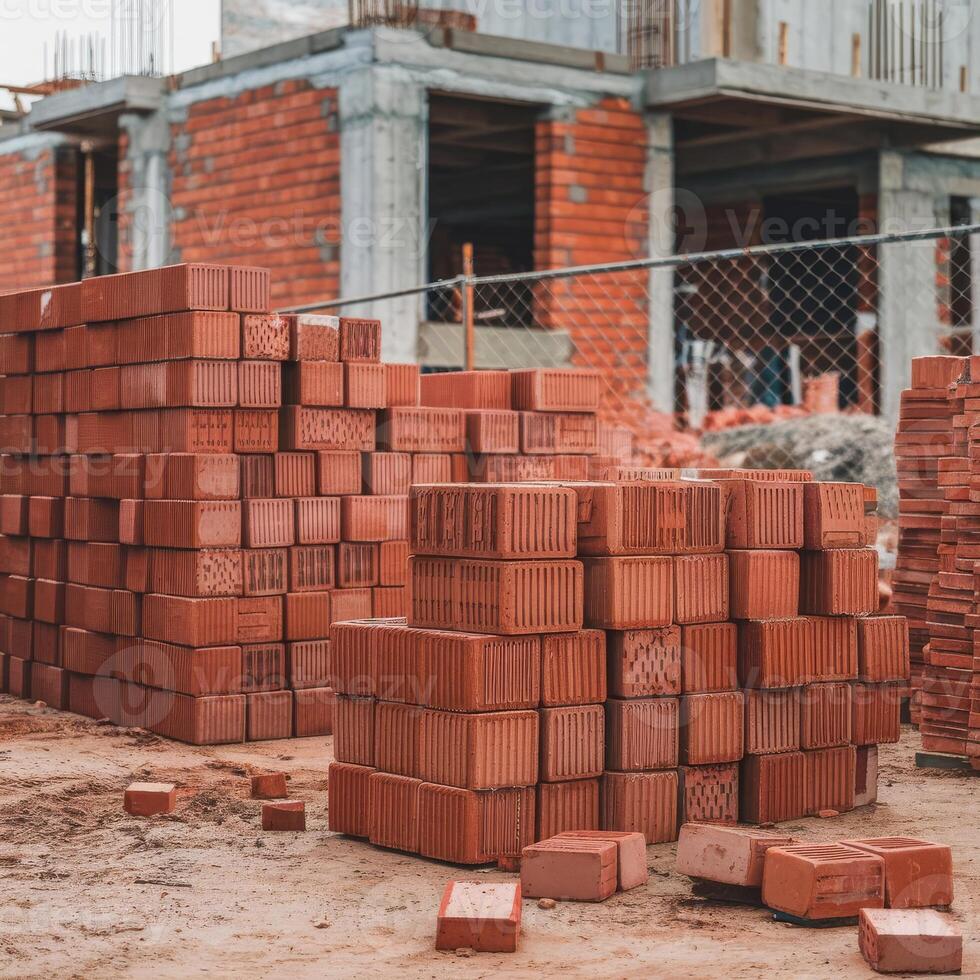 A pile of bricks in front of a building photo