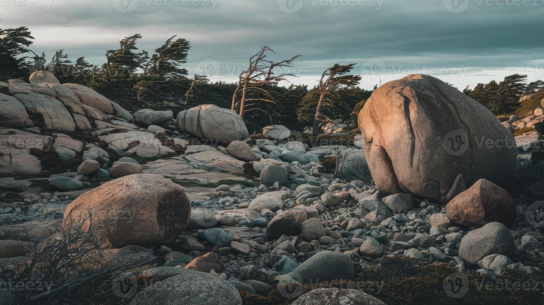 A rocky landscape with boulders and trees photo