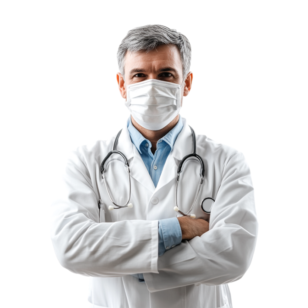doctor wearing a mask and standing with his arms crossed png