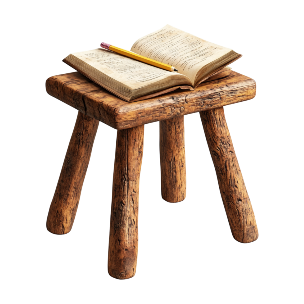 a wooden stool with an open book and pencil on it png