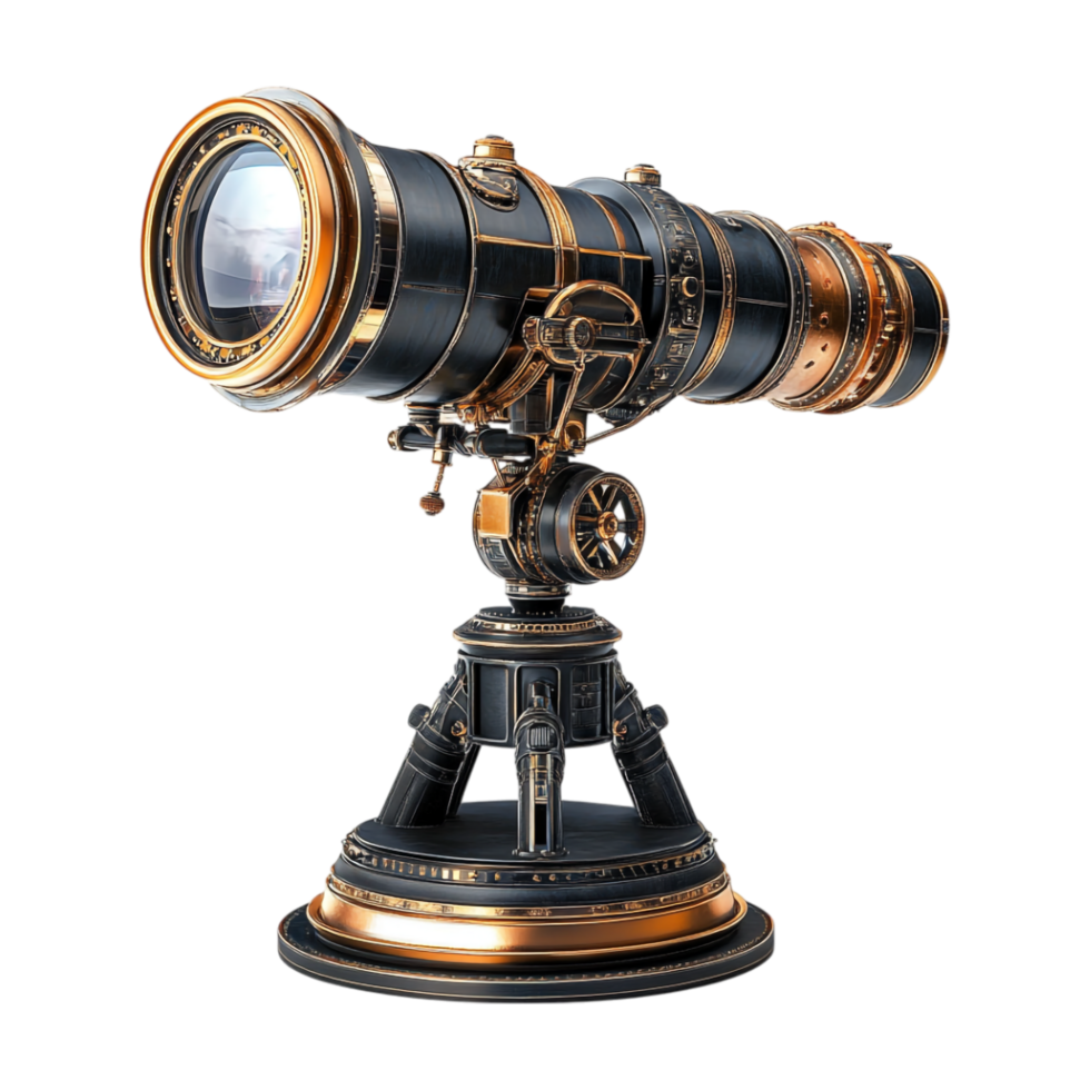 an old telescope on a stand with a black and gold design png