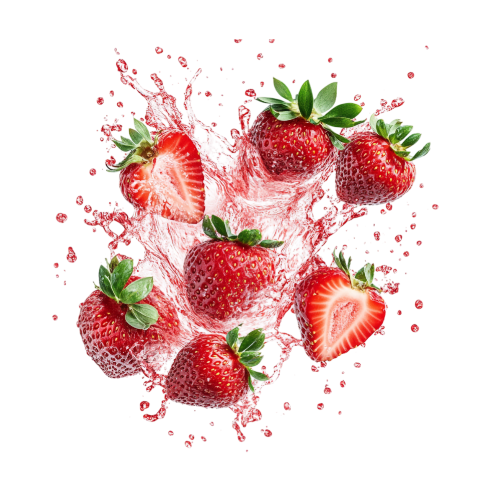 a strawberries with splash on transparent background png