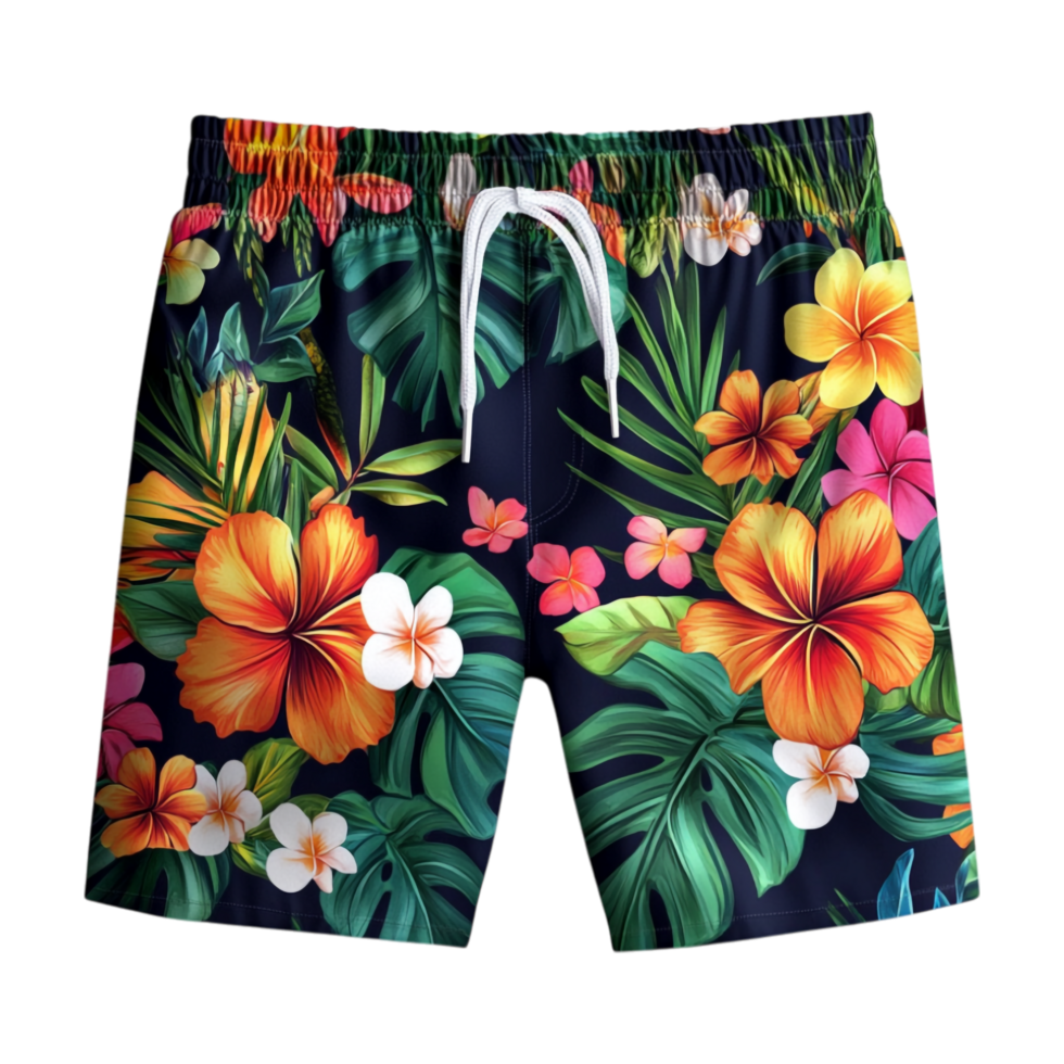 a tropical print swim trunks with flowers and leaves png