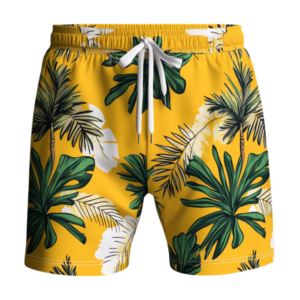 a yellow tropical print swim trunks png