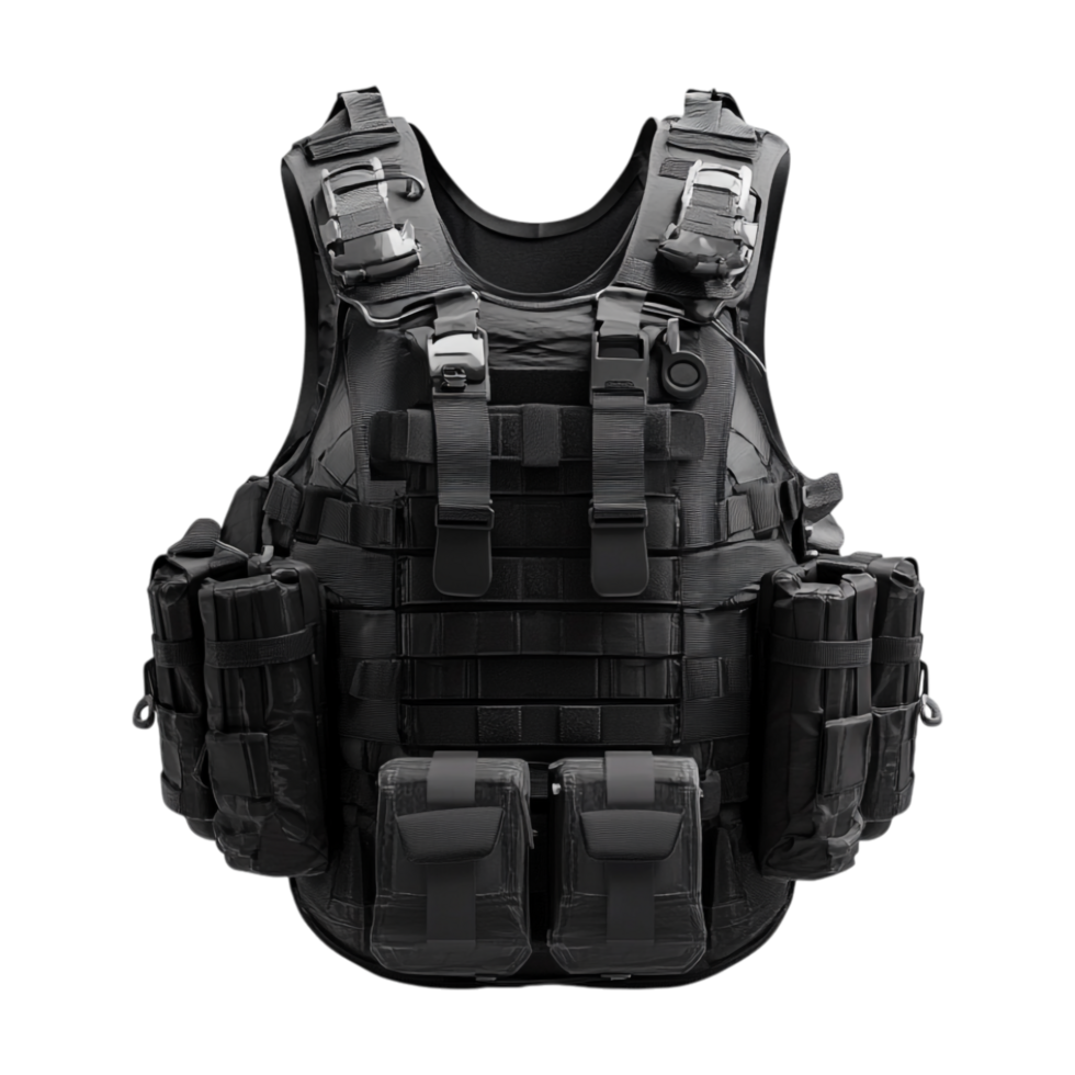 a black body armor vest with multiple pockets png